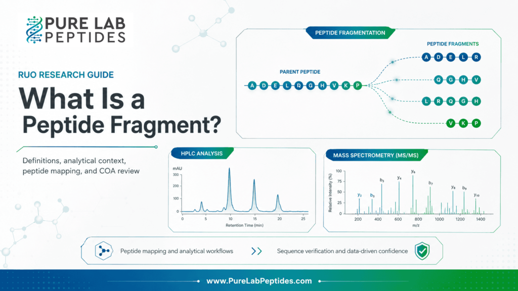 Pure Lab Peptides research graphic showing peptide fragmentation, HPLC, and MS/MS analysis